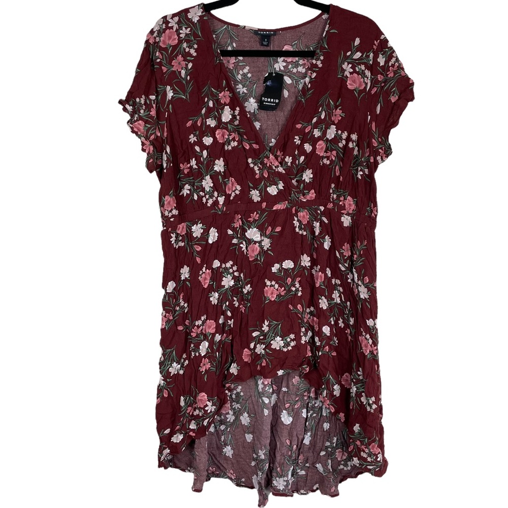 NWT Torrid Burgundy Hi-Lo Babydoll Floral Dress Size 1X Flowers Summer Surplice